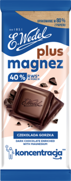 E.Wedel ciemna czekolada plus magnez, opakowanie 80% papieru, widok z przodu z kawałkami czekolady.