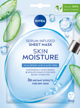NIVEA SKIN MOISTURE maska w płachcie, serum Hyaluronic Acid & Aloe Vera, nawilżająca, biało-niebieskie opakowanie, widok z przodu.