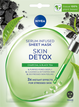 Nivea Skin Detox maska w płachcie z serum, węglem i czarną herbatą, zielone opakowanie z kroplomierzem, przód.