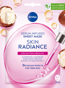 NIVEA Skin Radiance serum w płachcie z masłem shea i arganem, różowe opakowanie, widok z przodu.