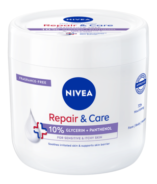 NIVEA Repair & Care Sensitive krem, biały słoik z gliceryną i pantenolem, widok z przodu pod kątem.