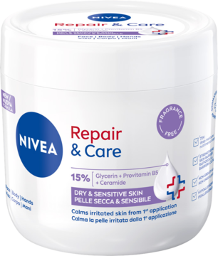 NIVEA Repair & Care, krem do skóry suchej i wrażliwej, biały słoik z niebiesko-fioletową etykietą, widok z przodu.