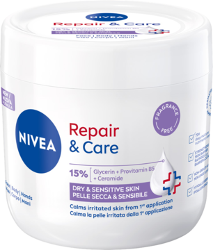 NIVEA Repair & Care Sensitive krem nawilżający, biały słoik, widok z przodu, dla skóry suchej i wrażliwej, bez zapachu.