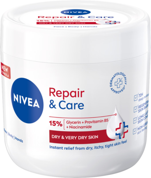 NIVEA Repair & Care krem nawilżająco-regenerujący do bardzo suchej skóry, biały słoik z niebieskim logo.