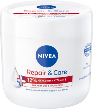 Biały krem NIVEA Repair & Care z gliceryną i witaminą E, do skóry suchej, w okrągłym słoju.