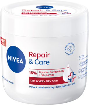NIVEA Repair & Care krem nawilżająco-regenerujący do bardzo suchej skóry, biały słoik, widok z przodu.
