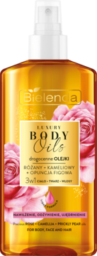 Bielenda Luxury Body Oils 3w1 z olejkiem różanym i kameliowym, złota butelka z atomizerem, widok z przodu.