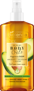 Bielenda Luxury Body Oils, złoty olejek 3w1 z awokado i arganem, butelka ze sprayem, widok z przodu.