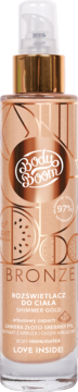 BodyBoom Bronze rozświetlacz do ciała Shimmer Gold, szklana butelka z pompką, widok z przodu, złotobrązowa etykieta.