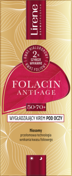 Złote opakowanie Lirene Folacin Anti-Age 50-70+, wygładzający krem pod oczy z kwasem foliowym.