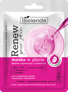 Bielenda Renew Your Skin maska w płacie, biało-różowa saszetka, regenerująca, z witaminą C i kolagenem.