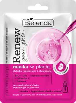 Bielenda Renew Your Skin maska w płacie, biało-różowa saszetka, regenerująca, z witaminą C i kolagenem.