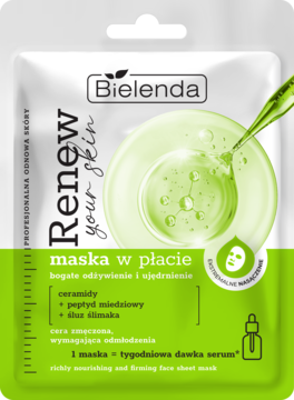 Bielenda Renew Your Skin maska w płacie, biało-zielona saszetka z serum, ceramidami i śluzem, widok z przodu.