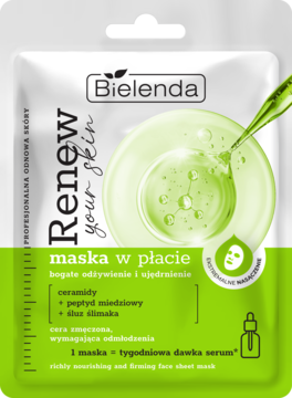 Bielenda Renew Your Skin maska w płacie, biało-zielona saszetka z serum, ceramidami i śluzem, widok z przodu.