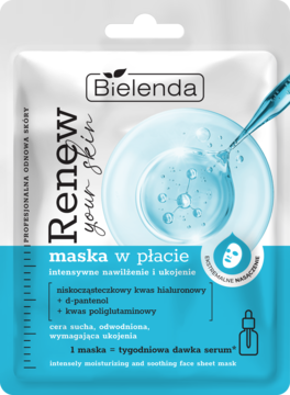 Bielenda Renew Your Skin nawilżająca maska w płacie do cery suchej, biała saszetka z niebieską grafiką pipety.