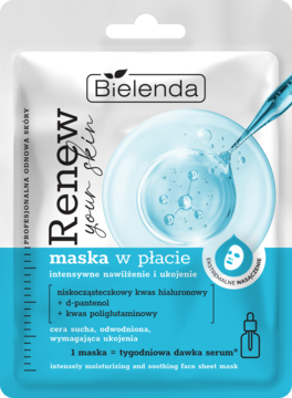 Bielenda Renew Your Skin nawilżająca maska w płacie do cery suchej, biała saszetka z niebieską grafiką pipety.