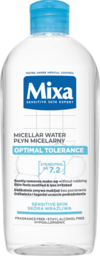 Mixa Płyn Micelarny Optymalna Tolerancja dla skóry wrażliwej, pH 7.2, przezroczysta butelka, widok przodem.