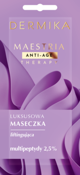 Fioletowe opakowanie Dermika Maestria ANTI-AGE THERAPY, luksusowa maska liftingująca 2,5% multipeptydów.