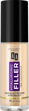 Nawilżający podkład AA Hyaluronic Filler 103 light beige, w szklanej butelce z fioletową etykietą, widok z przodu.