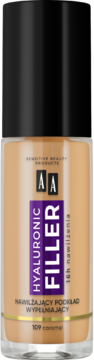 AA Hyaluronic Filler podkład, odcień 109 Caramel, w szklanej butelce z fioletową etykietą. Widok z przodu.