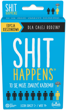 Niebieskie pudełko gry Shit Happens, kieszonkowa edycja rodzinna. Duży biały napis, widok z przodu z ikonami ludzi.