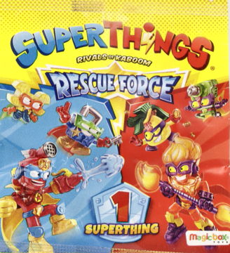 Saszetka SuperThings Rescue Force z postaciami na czerwono-niebieskim tle, zawiera 1 figurkę.