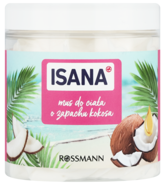 Biały słoik musu do ciała Isana o zapachu kokosa, z tropikalną etykietą i grafiką kokosów, widok z przodu.