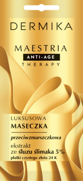 Dermika Maestria, złota maska przeciwzmarszczkowa ANTI-AGE THERAPY, z 5% śluzem ślimaka i 24K złotem, opakowanie.