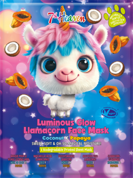 7th Heaven Llamacorn Face Mask kokos i papaja. Fioletowa nawilżająca maska w płachcie z uroczym llamacornem.