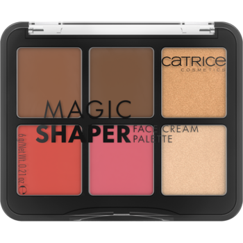 Czarna paleta Catrice Magic Shaper z 6 kremowymi odcieniami: bronzery, róże, rozświetlacze do twarzy.