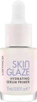 Nawilżająca baza Catrice Skin Glaze Hydrating Serum Primer w białej butelce z pipetą, widok z przodu.