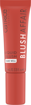 Catrice Blush Affair Liquid Blush, matowa tubka w odcieniu ceglanej czerwieni z napisem "SHAKE WELL", widok z przodu.