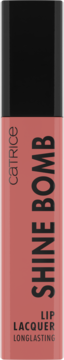 Catrice Shine Bomb Lip Lacquer 030, różowy beż, butelka z czarną zakrętką, widok z przodu.
