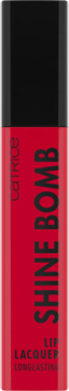 Czerwony, długotrwały lakier Catrice Shine Bomb 040 w błyszczącej butelce, widok z przodu.