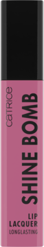Catrice Shine Bomb Lip Lacquer w zgaszonym różu. Pionowy widok opakowania z czarną nakrętką i czarnym napisem.