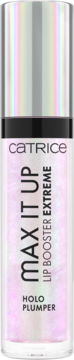Catrice Max It Up Lip Booster Extreme Holo Plumper w przezroczystej, holograficznej tubce, widok z przodu.