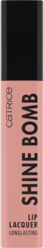 Lakier do ust Catrice Shine Bomb w odcieniu drzewa różanego, w podłużnej butelce z czarną nakrętką, widok z przodu.