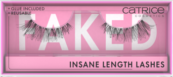 Różowe opakowanie sztucznych rzęs Catrice Faked Insane Length Lashes, +GLUE INCLUDED, +REUSABLE.