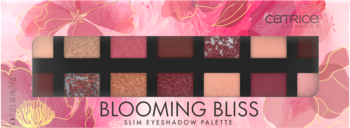 Paleta cieni Catrice Blooming Bliss Slim: 14 cieni, matowe, błyszczące i metaliczne, na różowym tle.