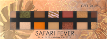 Widok z przodu: paleta Catrice Safari Fever Slim, 14 cieni do powiek. Brązy, złoto, zieleń, pomarańcz, mat i błysk.