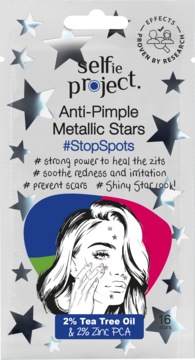 Srebrne opakowanie Selfie Project Anti-Pimple Metallic Stars, 16 gwiazdek z olejkiem herbacianym, widok z przodu.