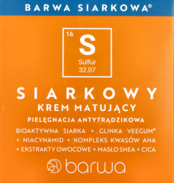 Pomarańczowe opakowanie kremu matującego Barwa Siarkowa, widok z przodu, z symbolem siarki S i tekstem.