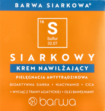 Pomarańczowe pudełko Barwa Siarkowa Siarkowy Krem Nawilżający, pielęgnacja antytrądzikowa. Widok z przodu.