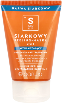 Barwa Siarkowa siarkowy peeling-maska 2w1 do cery trądzikowej w pomarańczowej tubce, widok z przodu.