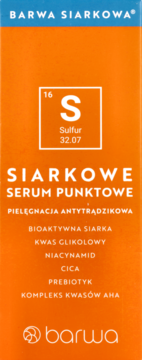 Pomarańczowe pudełko Barwa Siarkowa Serum Punktowe, antytrądzikowe z siarką i kwasem glikolowym, widok z przodu.
