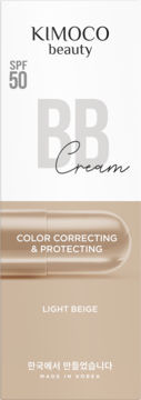 KIMOCO beauty BB Cream SPF 50 w jasnobeżowym opakowaniu, przód produktu z opisem color correcting & protecting.