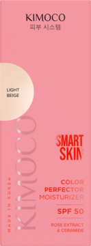 Różowe pudełko KIMOCO Color Perfector Moisturizer Light Beige SPF 50, widok z przodu, beżowy wzornik.