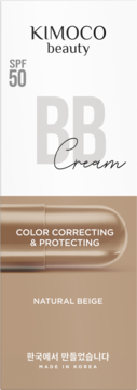 Krem BB Kimoco Beauty SPF 50, front opakowania w beżowo-białych barwach, Natural Beige, Made in Korea.