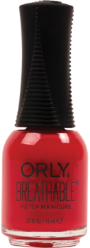 Czerwony lakier Orly Breathable 1-Step Manicure, widok z przodu, czarna nakrętka z teksturą.
