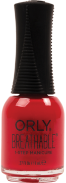 Czerwony lakier Orly Breathable 1-Step Manicure, widok z przodu, czarna nakrętka z teksturą.